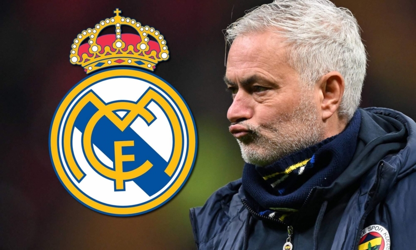 Mourinho bên cạnh logo Real Madrid, gợi ý về sự trở lại được Perez mong muốn.